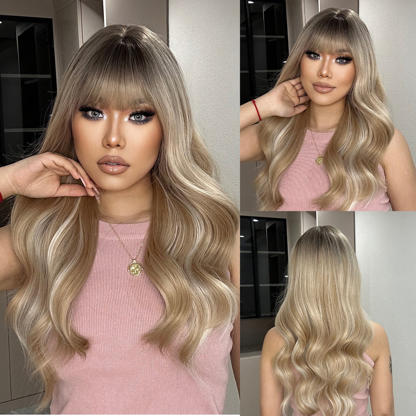 24 Inches Long Curly Champagne Blonde Wigs with Bangs And White Highlight Synthetic Wigs Women's Wigs for Daily Use,Cosplay or Party Taking Photos LC048-1