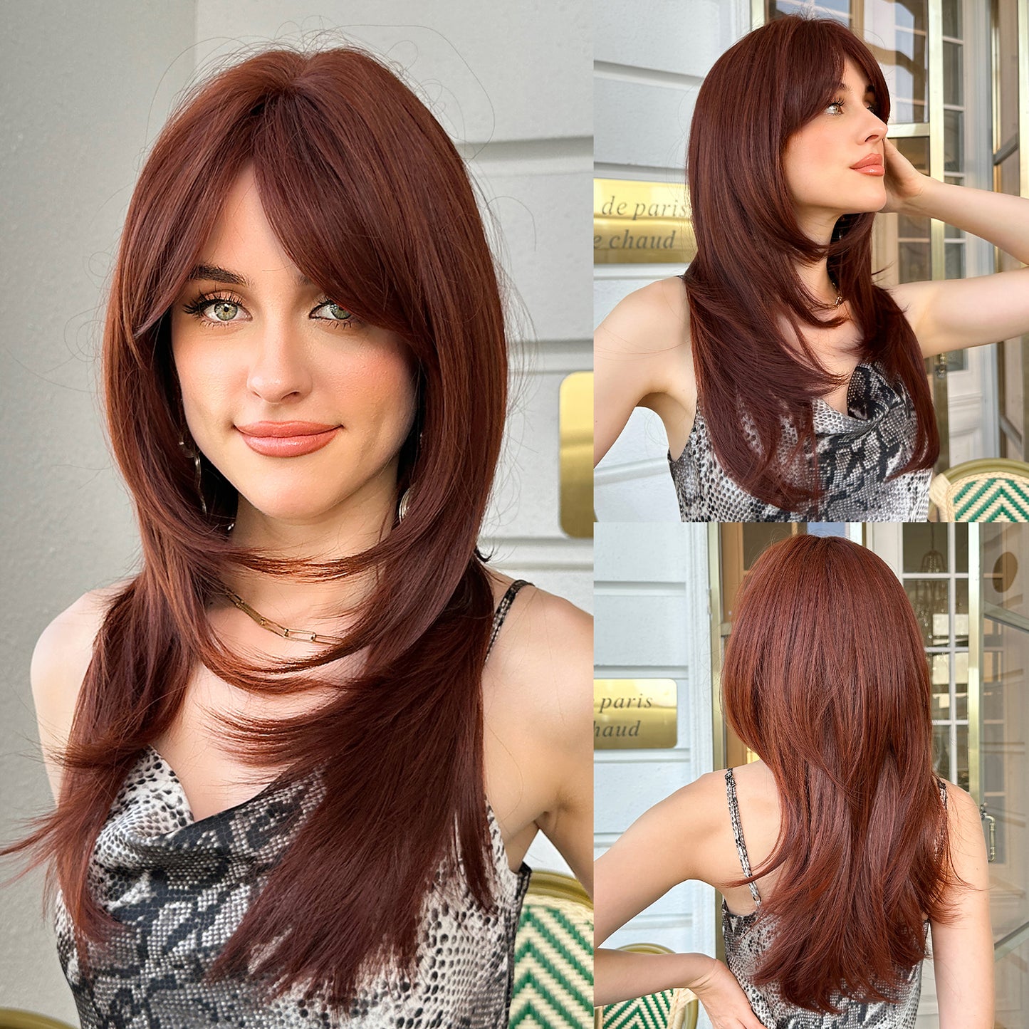 18 Inches Long Straight Reddish Brown Wigs with Bangs Layered Wigs Synthetic Wigs for Women for Daily or Cosplay Use LC468-2