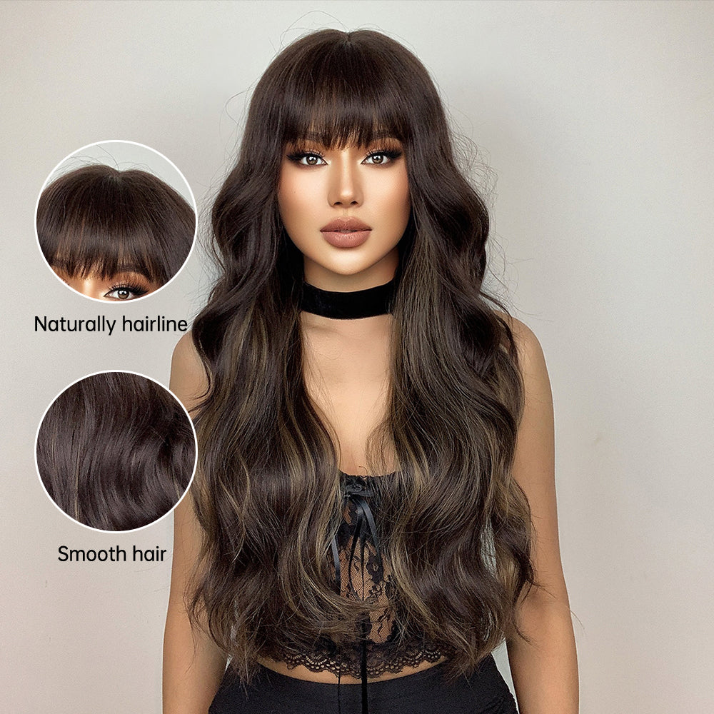 26 Inches Long Curly Brown Wigs with Bangs and Black Roots Synthetic Wigs Women's Wigs for Daily or Cosplay Use LC1029-1