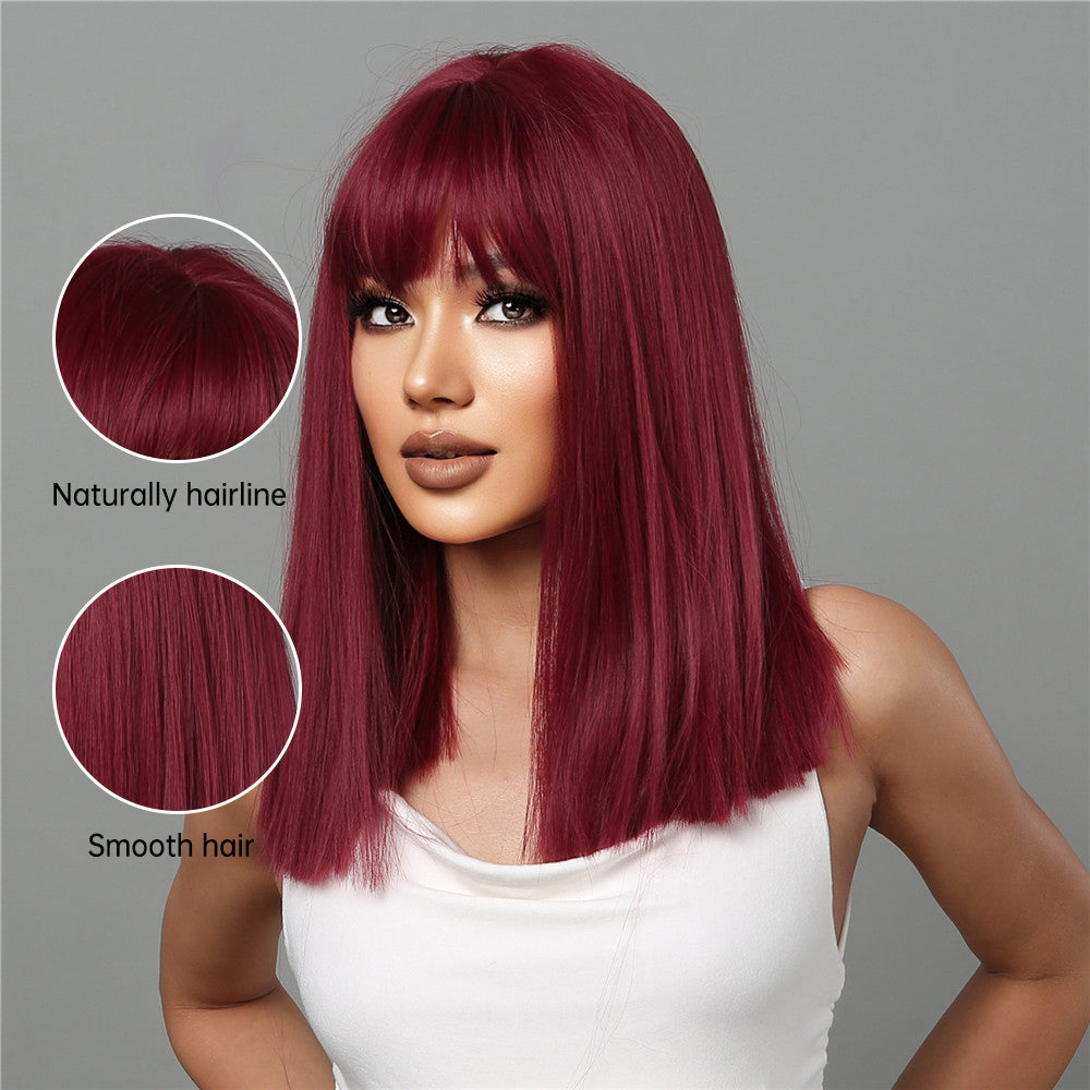 18 Inch Long Straight Wine Red Wigs with Bangs Wigs for Women LC2072-1