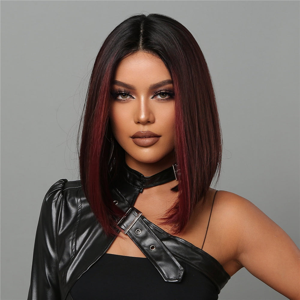 short straight bobo wigs black ombre red with bangs wigs for women for daily life LC2054-1