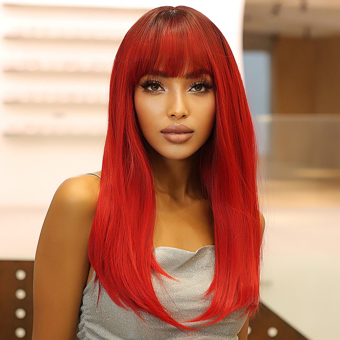 22 Inch red Long straight wigs with bangs wigs for Women for Daily WL1084-2