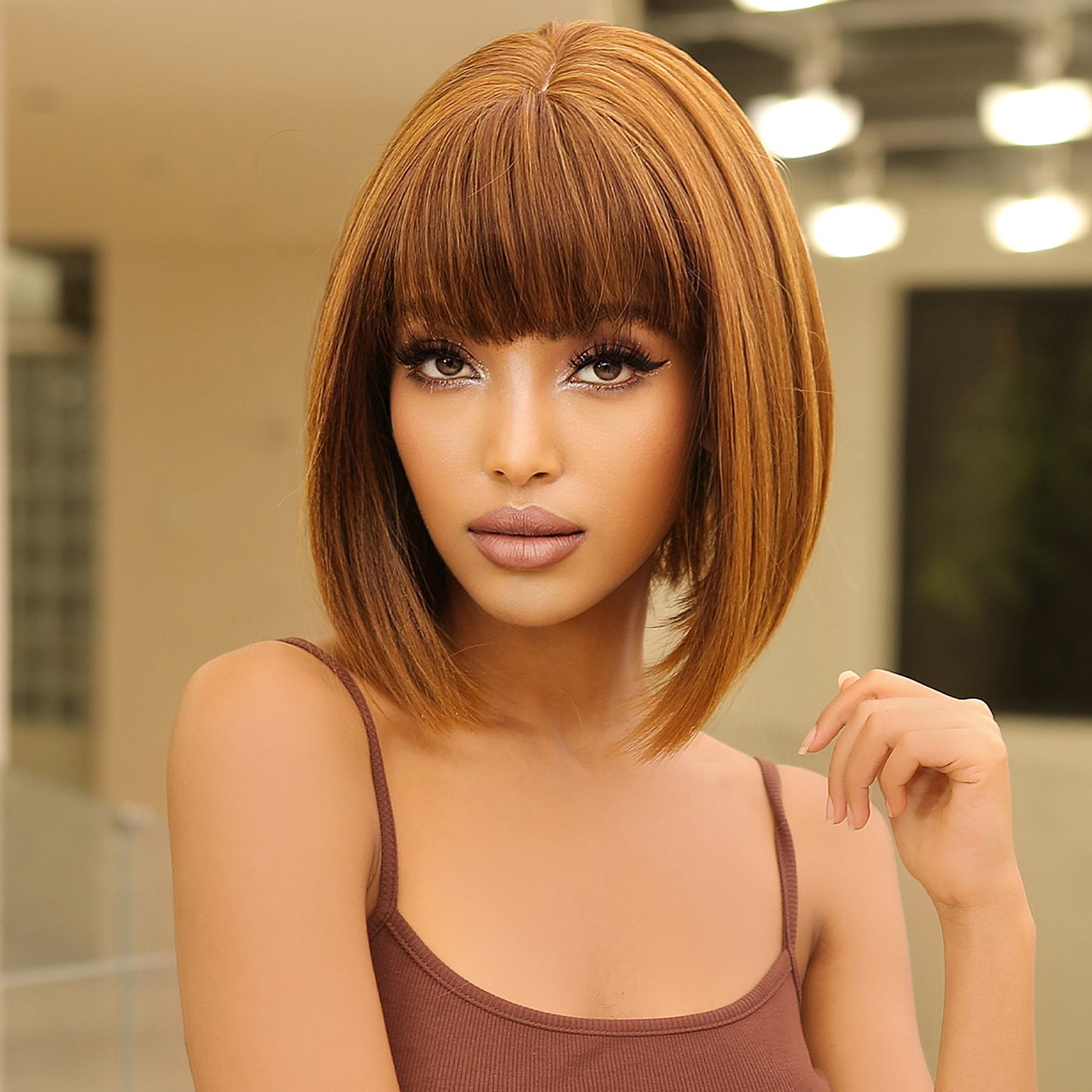 14 Inch short straight bobo wigs blonde wigs with bangs wigs for women LC2071-2