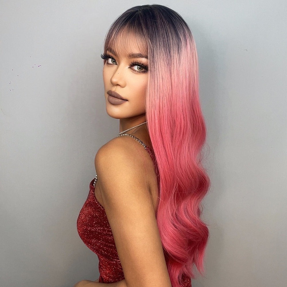 26 Inches Long Curly Deep Pink Wigs with Bangs and Black Roots Synthetic Wigs Women's Wigs for Daily or Cosplay Use LC6026-1