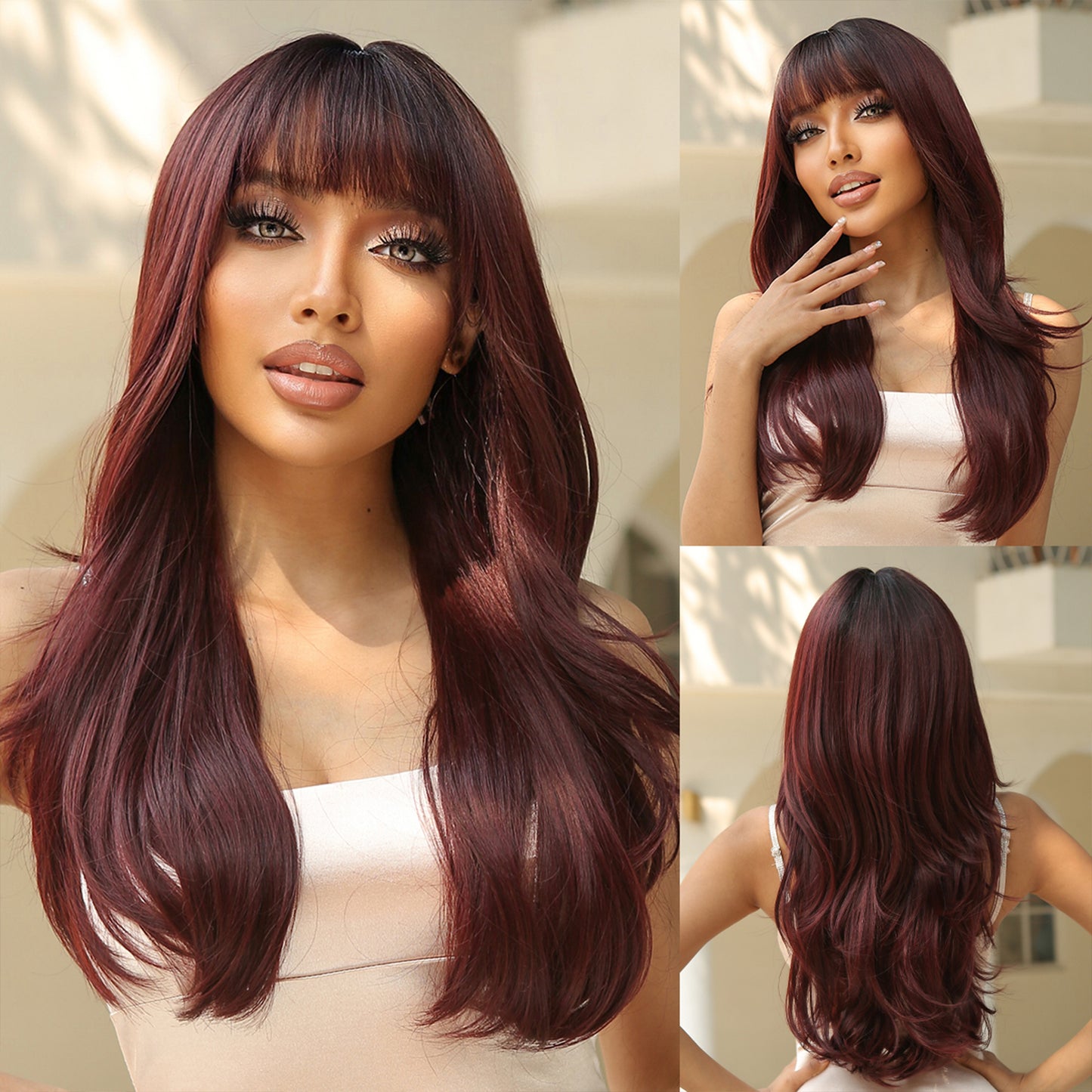 26 Inches Long Curly Wine Red Wigs with Bangs Synthetic Wigs Women's Wigs for Daily or Cosplay Use LC8074-1