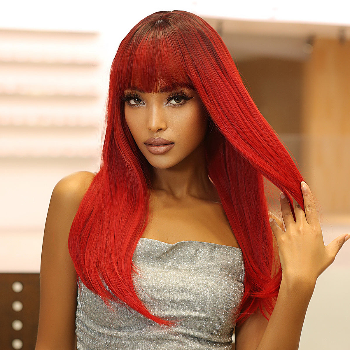 22 Inch red Long straight wigs with bangs wigs for Women for Daily WL1084-2