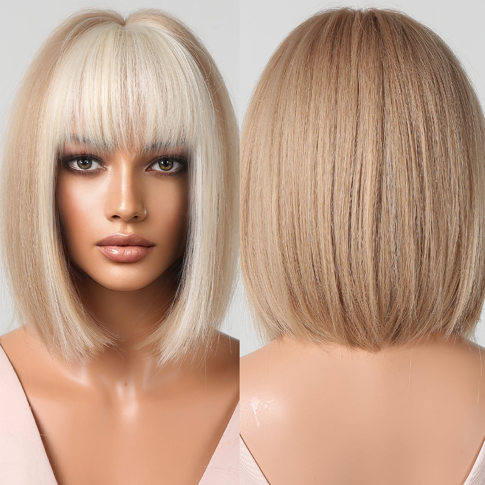 12 Inches Short Straight Blonde Bobo Wigs with Ivory Bangs Synthetic Wigs for Women Daily Use LC2080-10