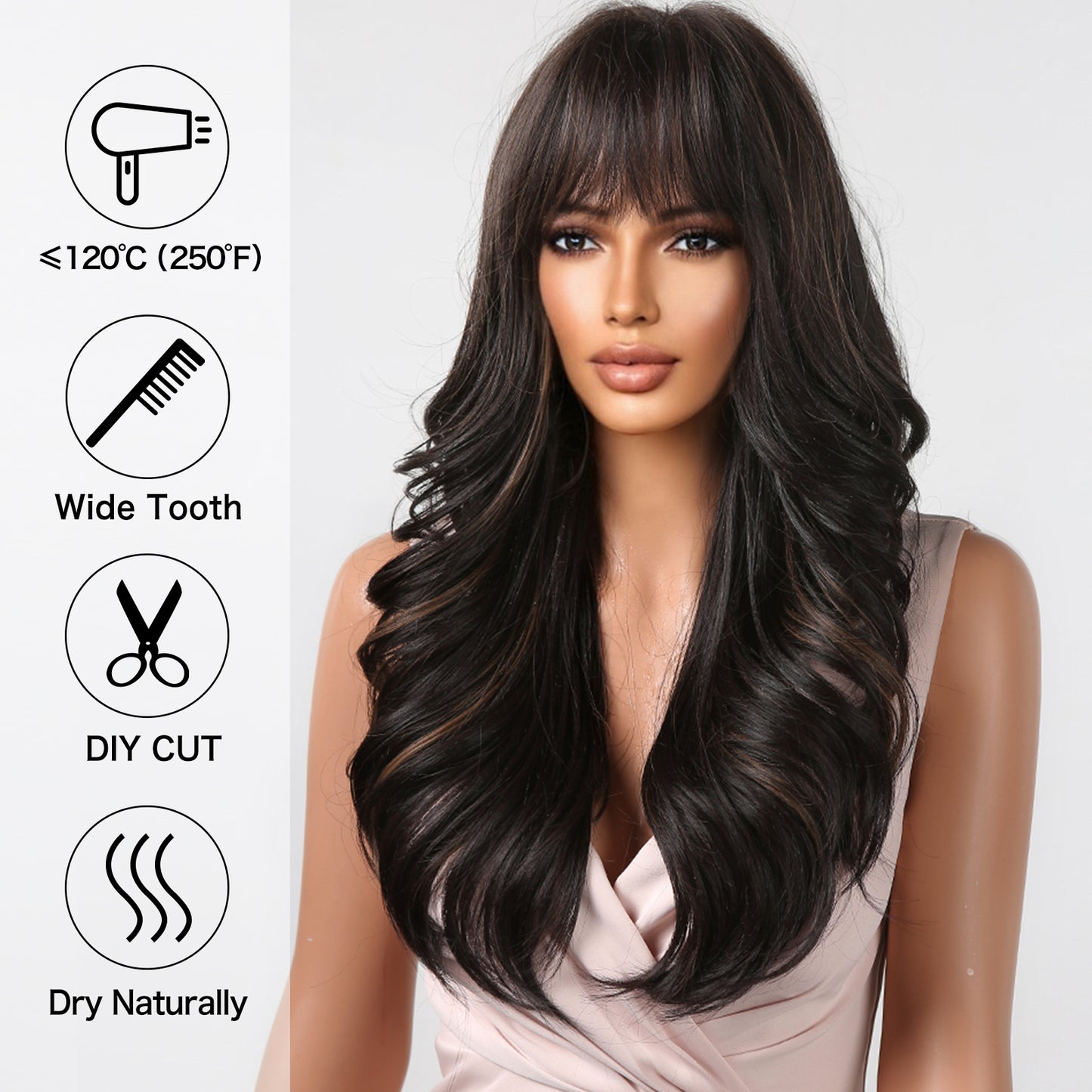 26 Inches Long Curly BlackWigs with Bangs Synthetic Wigs Women's Wigs for Daily or Cosplay Use LC2090-1