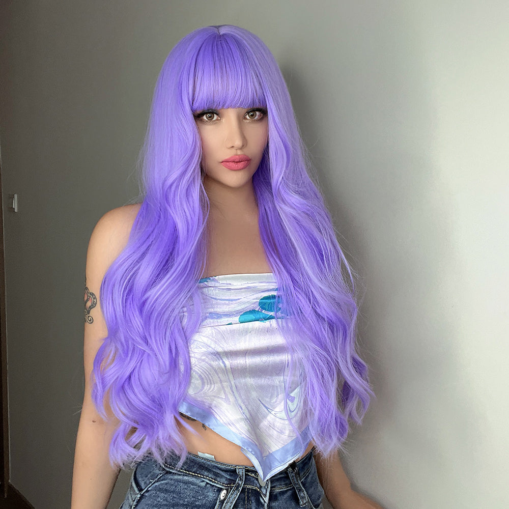 26 Inches Long Curly Purple Wigs with Bangs Synthetic Wigs Women's Wigs for Daily or Cosplay Use LC6123-1