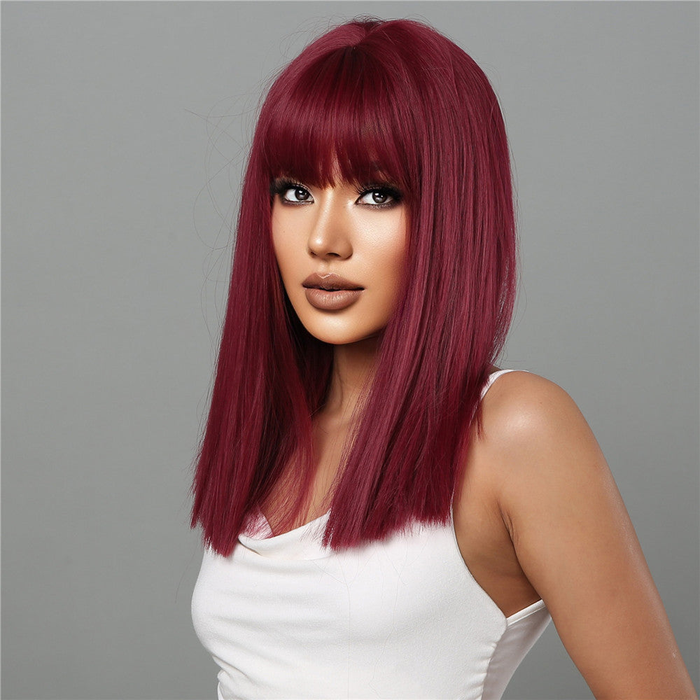 18 Inch Long Straight Wine Red Wigs with Bangs Wigs for Women LC2072-1