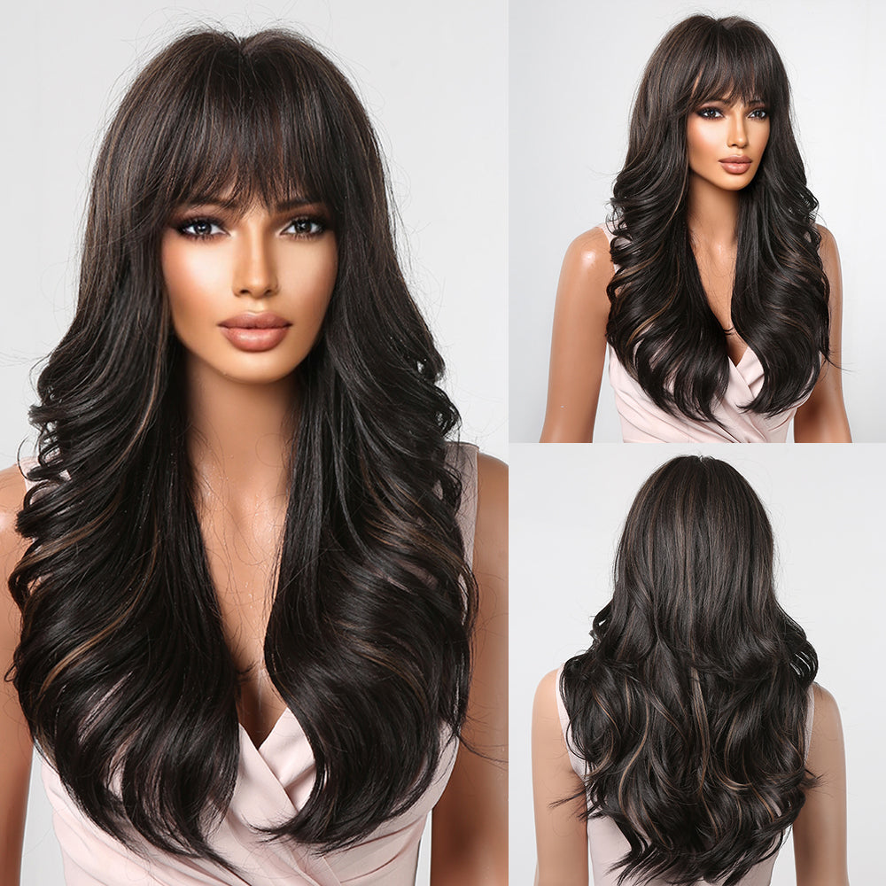 26 Inches Long Curly BlackWigs with Bangs Synthetic Wigs Women's Wigs for Daily or Cosplay Use LC2090-1