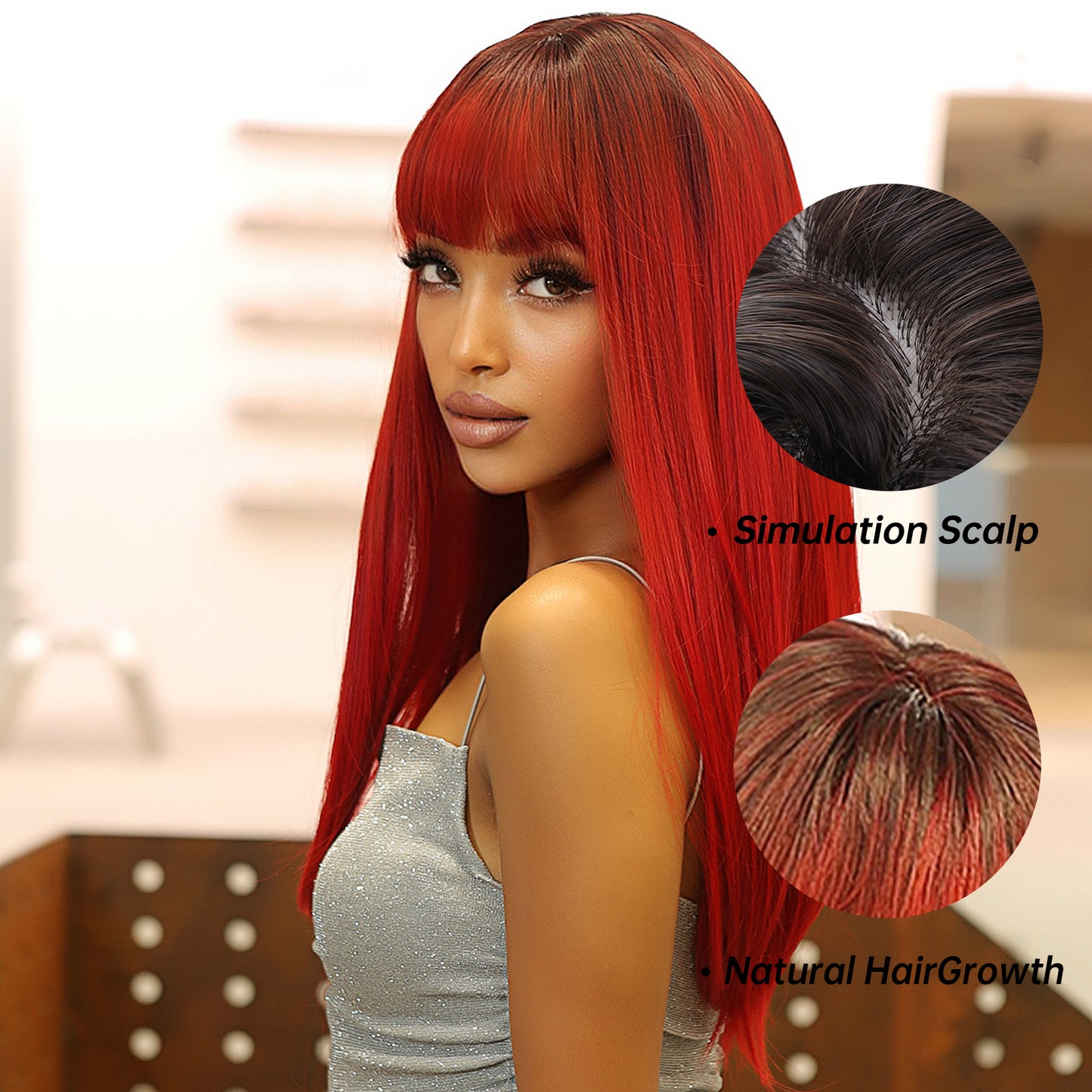 22 Inch red Long straight wigs with bangs wigs for Women for Daily WL1084-2