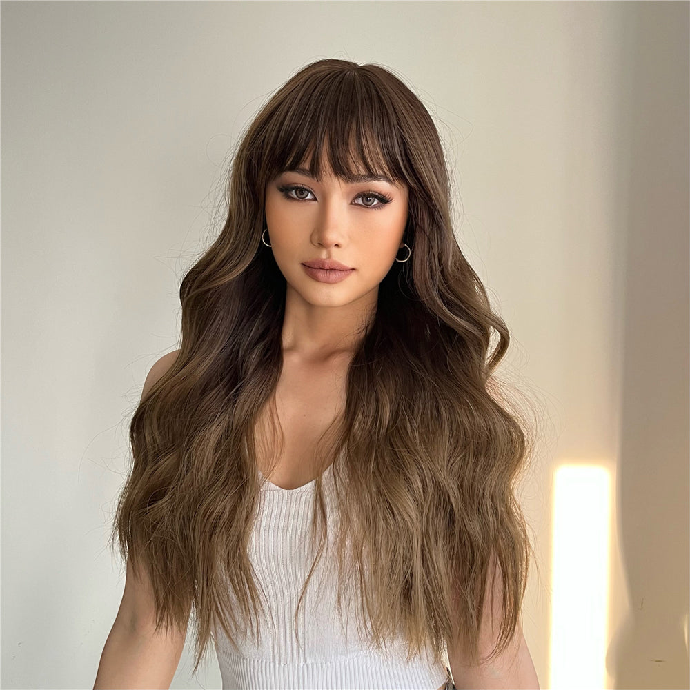 Long curly wigs brown with bangs wigs for women for daily life LC8001