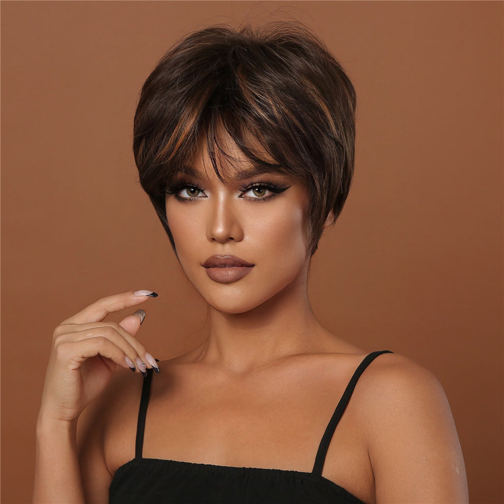 8 Inches Short Brown Black Wigs with Blonde Highlight Pixie Cut Wigs for Women Daily or Cosplay Use LC2020-4