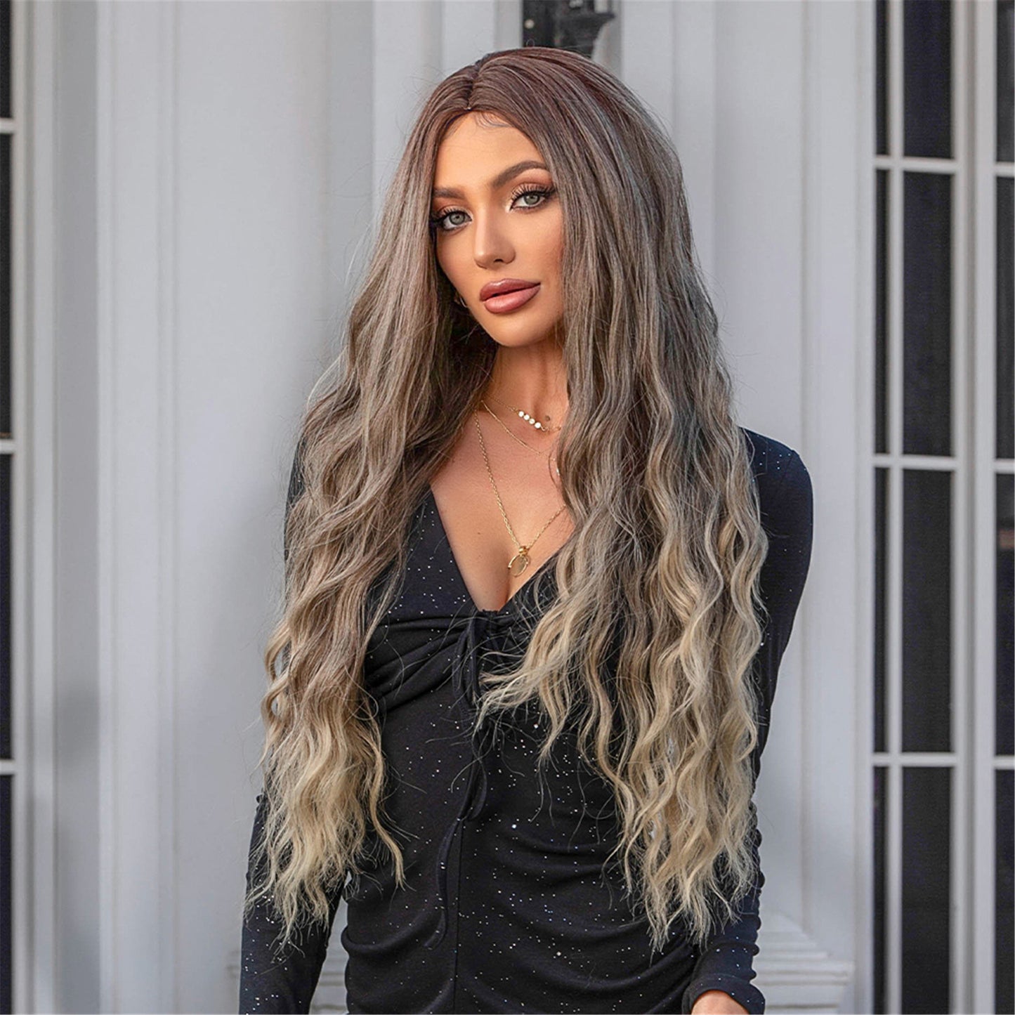 28 Inches Long Curly Brown Ombre Blonde Wigs Synthetic Wigs Women's Wigs for Daily Use Party or Cosplay Taking Photos LC050-1