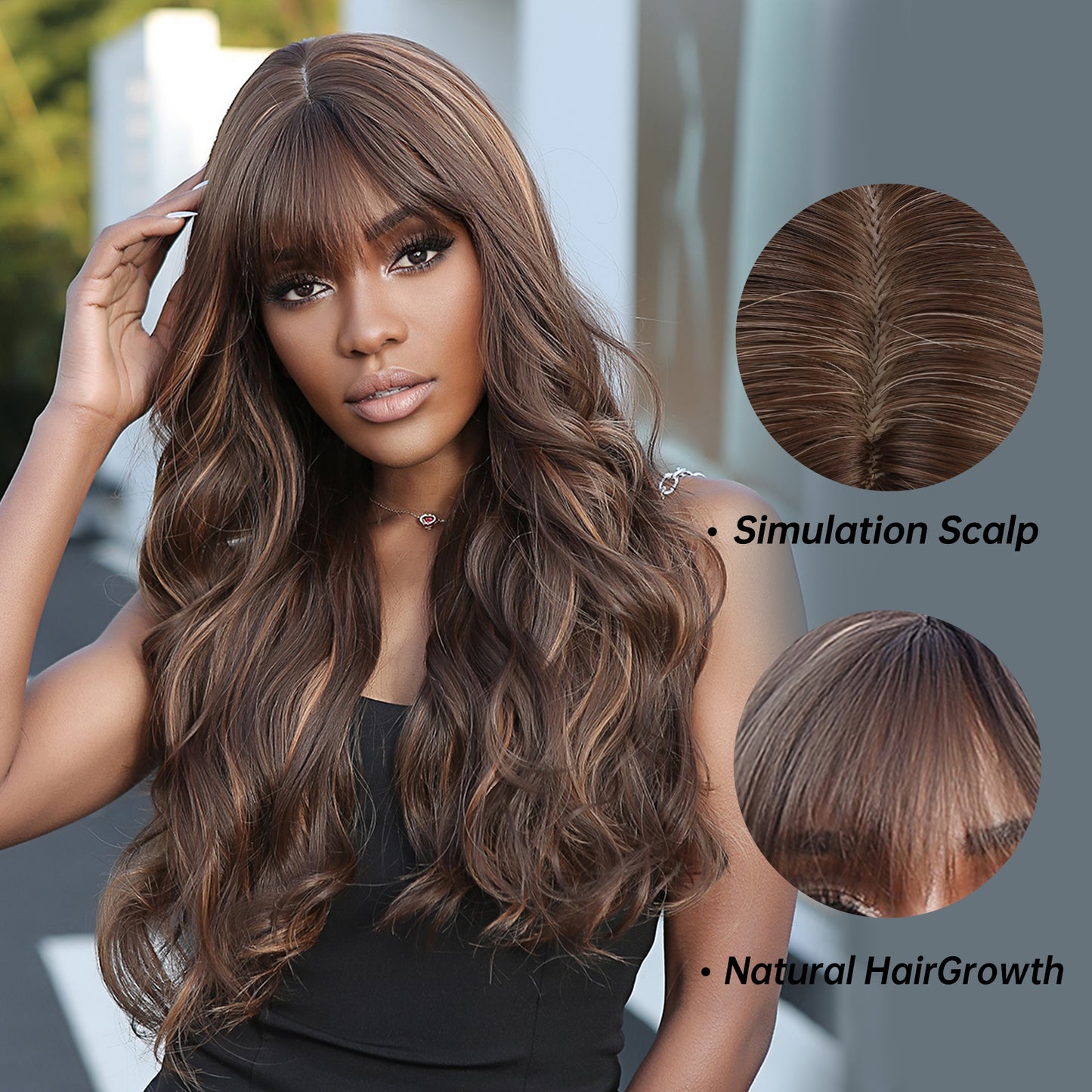 28 Inches Long Straight Brown Wigs with Bangs Synthetic Fiber Wigs Women's Wigs Daily Use for Party or Cosplay Photos LC2074-3