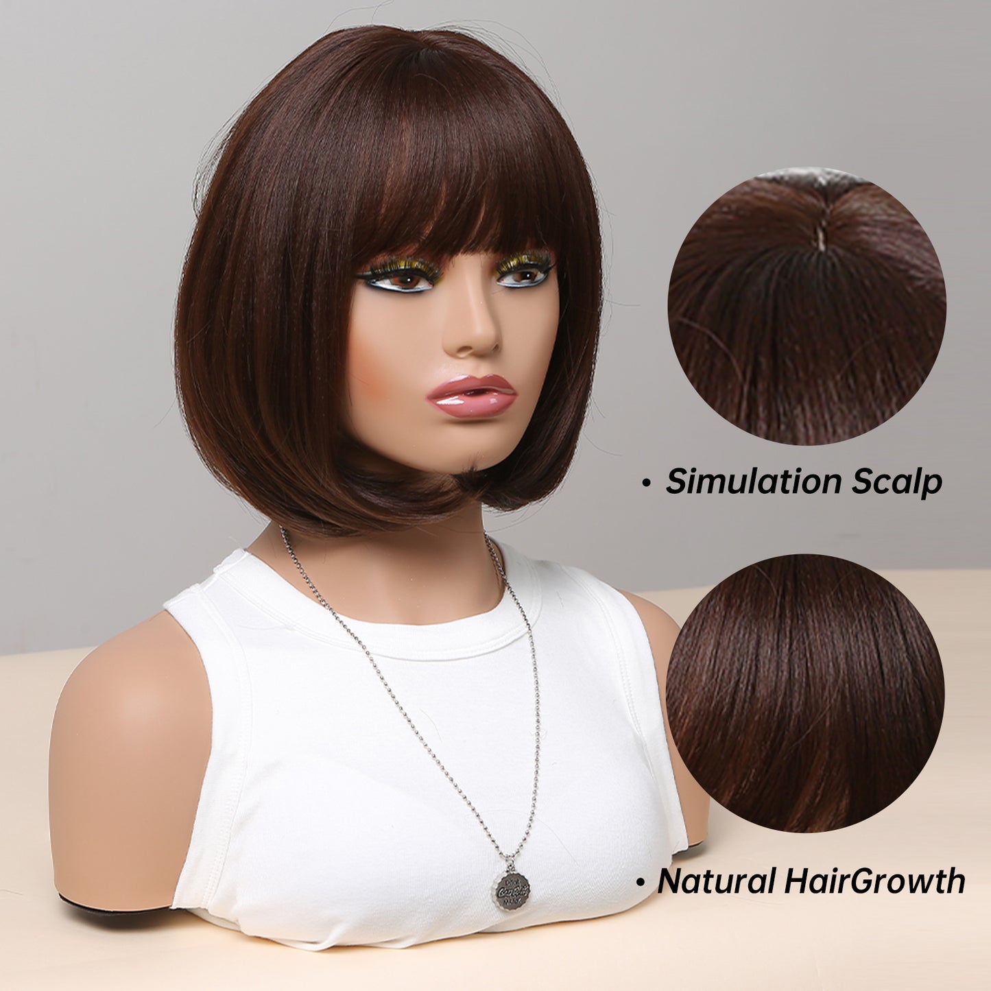 12 inch hort straight brown Bob wig with bangs Women's wig for daily  or cosplay use SS155-1