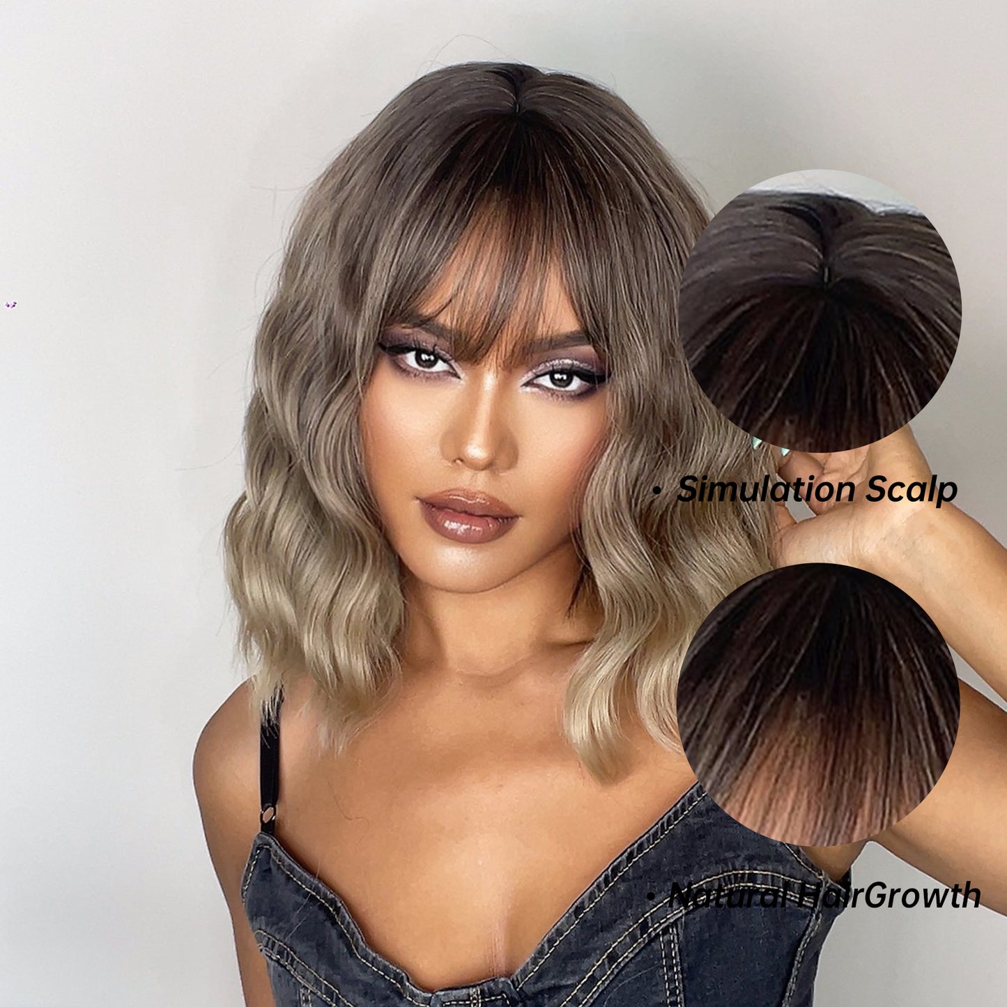 14 Inches Long Curly Brownish Black and Blond Gradient Wigs with Bangs Women's Wigs for Daily,Party or Cosplay Use LC058-1