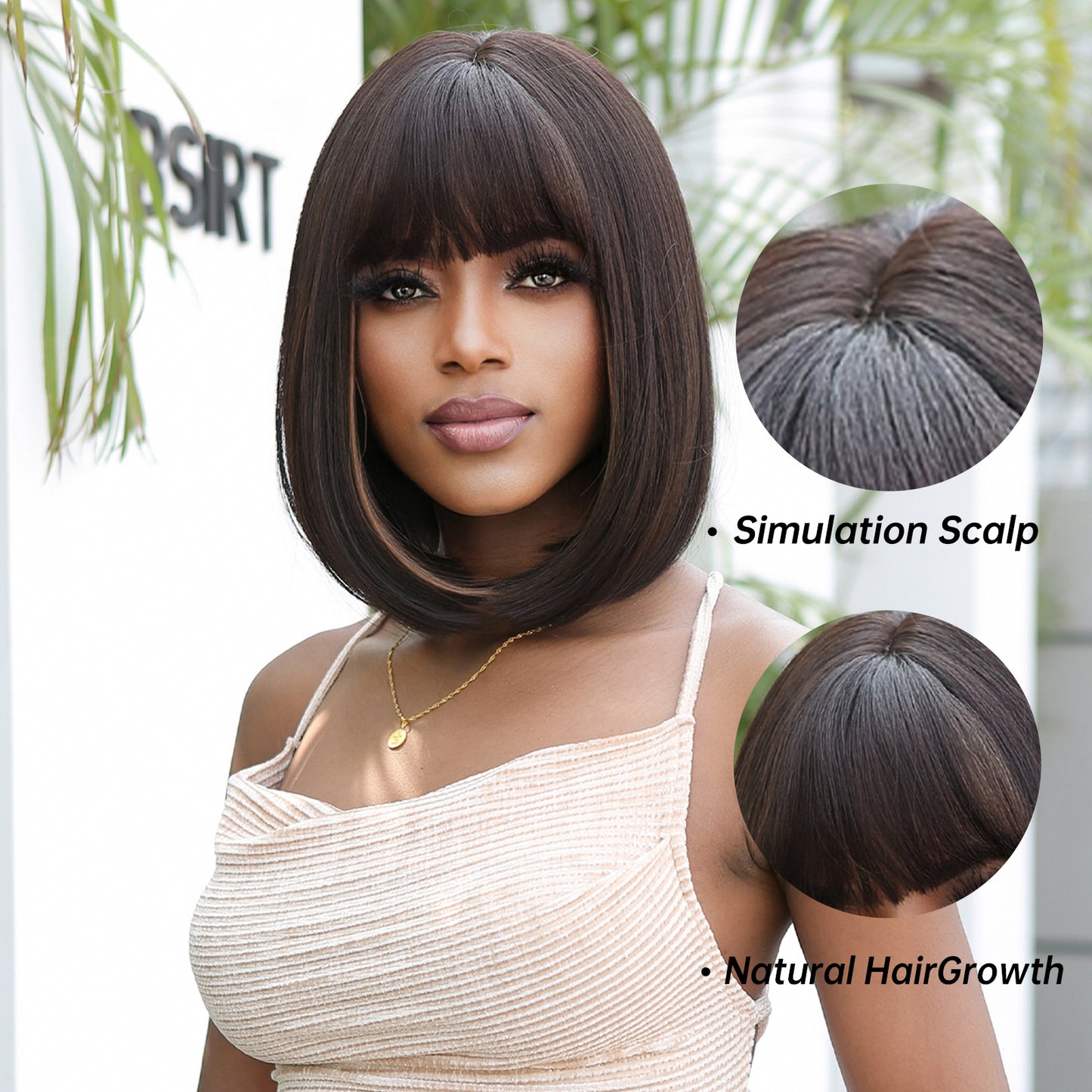 14 Inches Short Straight Brown Black and Blonde Highlight Bobo Wigs with Bangs Synthetic Wigs Women's Wigs for Daily or Cosplay Use WL1107-1