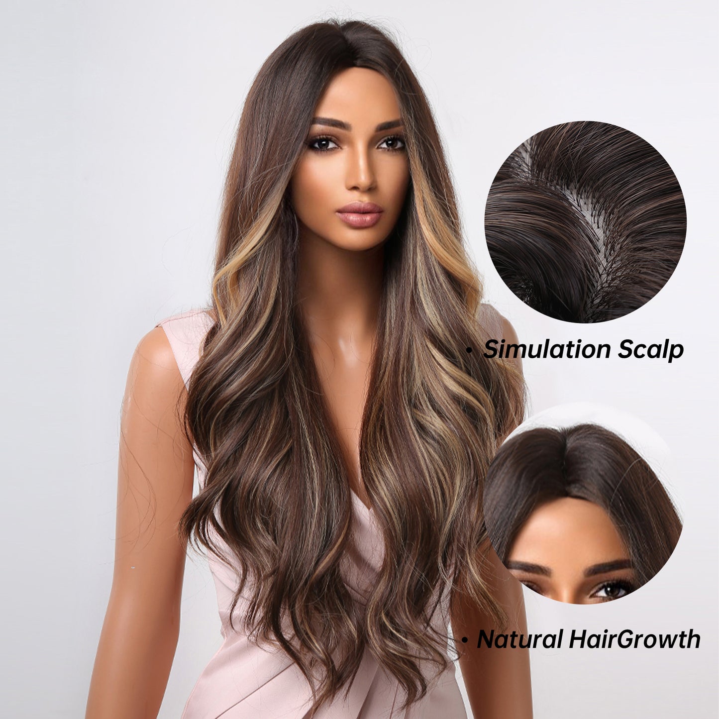 28 Inches Long Curly Brown Wigs wirh Blonde Highlight Women's Wigs for Daily or Cosplay Use LC2048-1