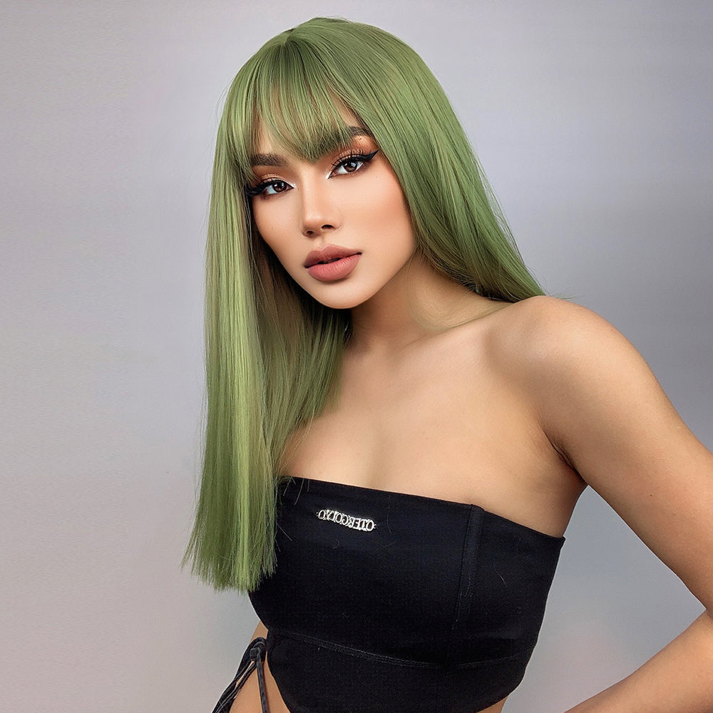 Long straight green wigs with bangs wigs for women for daily party LC6043-1