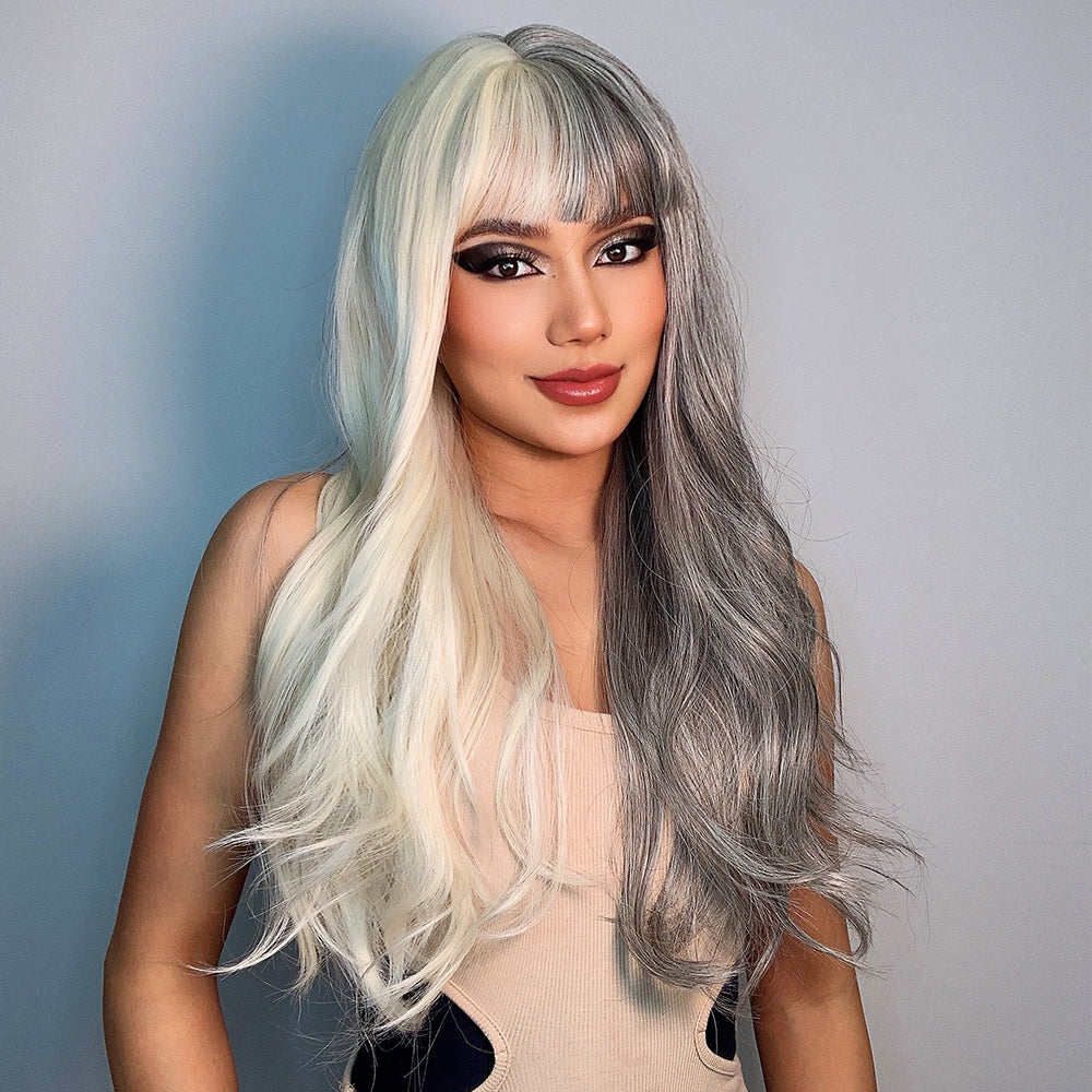 26 Inches Long Curly Gray and White Wigs with Bangs Synthetic Wigs Women's Wigs for Daily or Cosplay Use lc6081-1