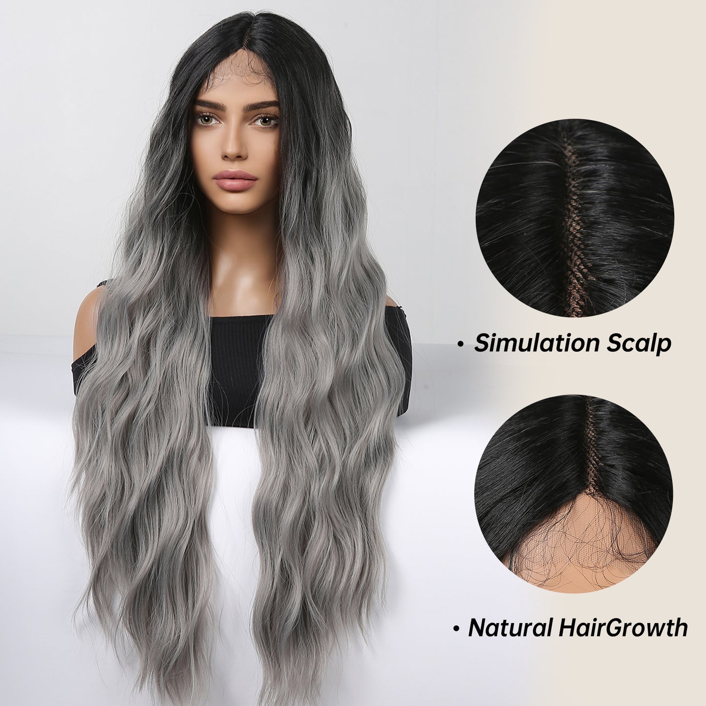 [Lace Front] 32 Inch Ombre Brown To Ash Grey Long Wavy   Wigs For Women HC11059-4