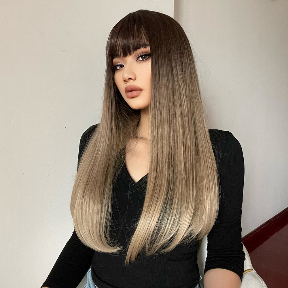 26 inch Long curly wigs brown black ombre blonde wigs with bangs for women for daily or cosplay use LC169-1