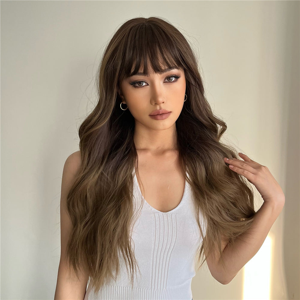 Long curly wigs brown with bangs wigs for women for daily life LC8001