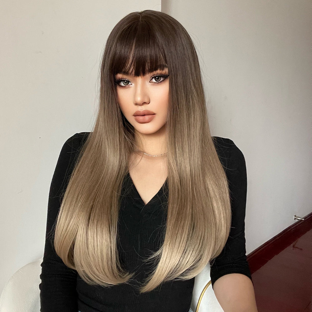 26 inch Long curly wigs brown black ombre blonde wigs with bangs for women for daily or cosplay use LC169-1