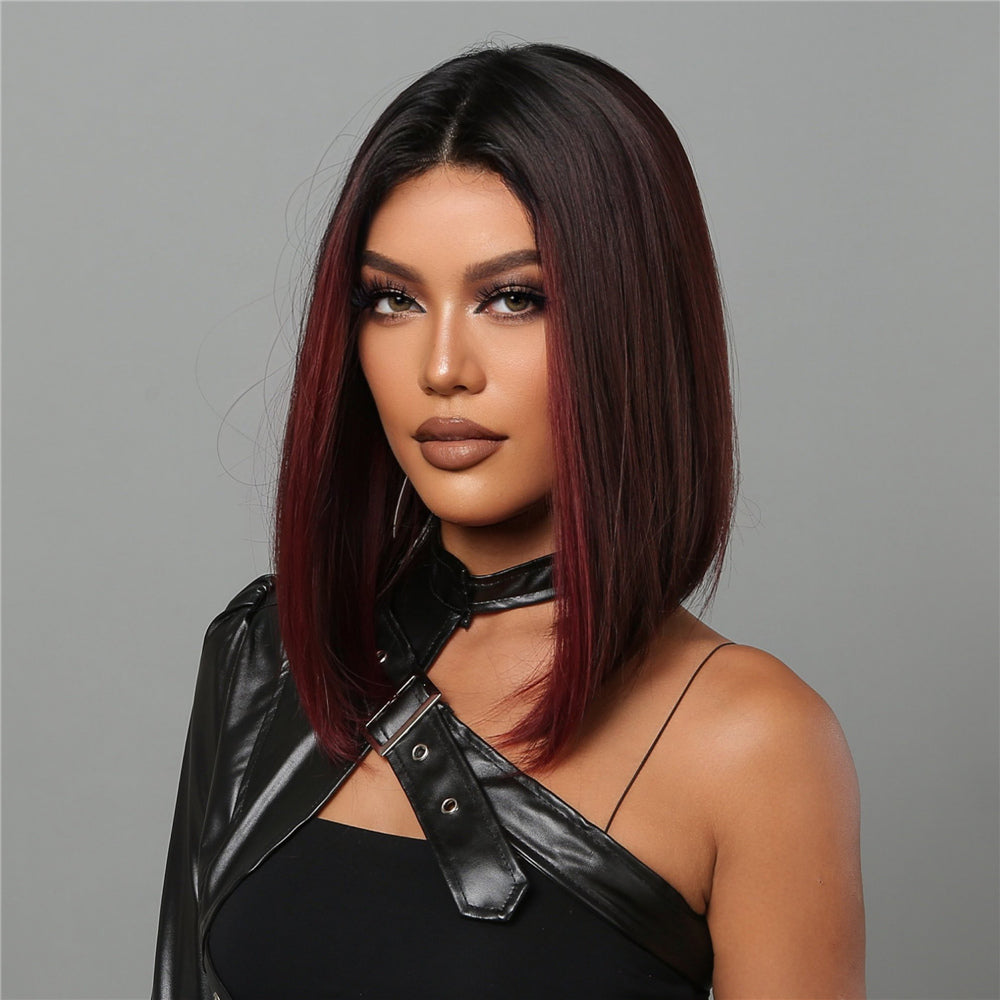 short straight bobo wigs black ombre red with bangs wigs for women for daily life LC2054-1