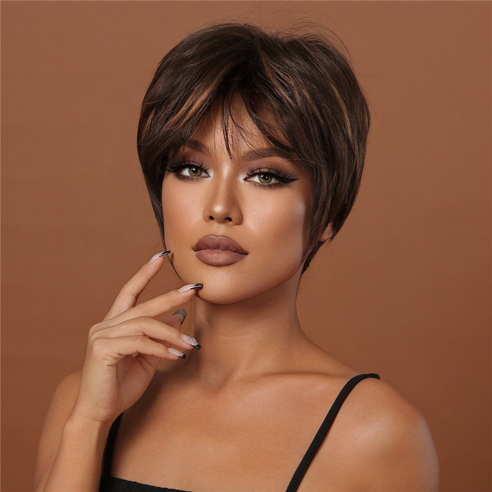 8 Inches Short Brown Black Wigs with Blonde Highlight Pixie Cut Wigs for Women Daily or Cosplay Use LC2020-4