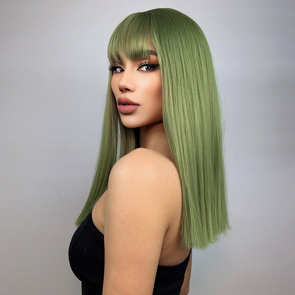 Long straight green wigs with bangs wigs for women for daily party LC6043-1