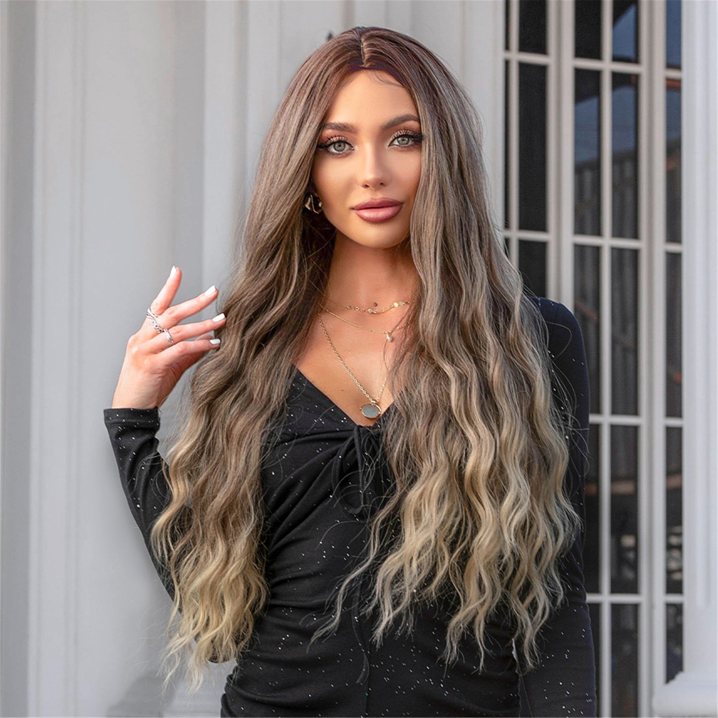 28 Inches Long Curly Brown Ombre Blonde Wigs Synthetic Wigs Women's Wigs for Daily Use Party or Cosplay Taking Photos LC050-1