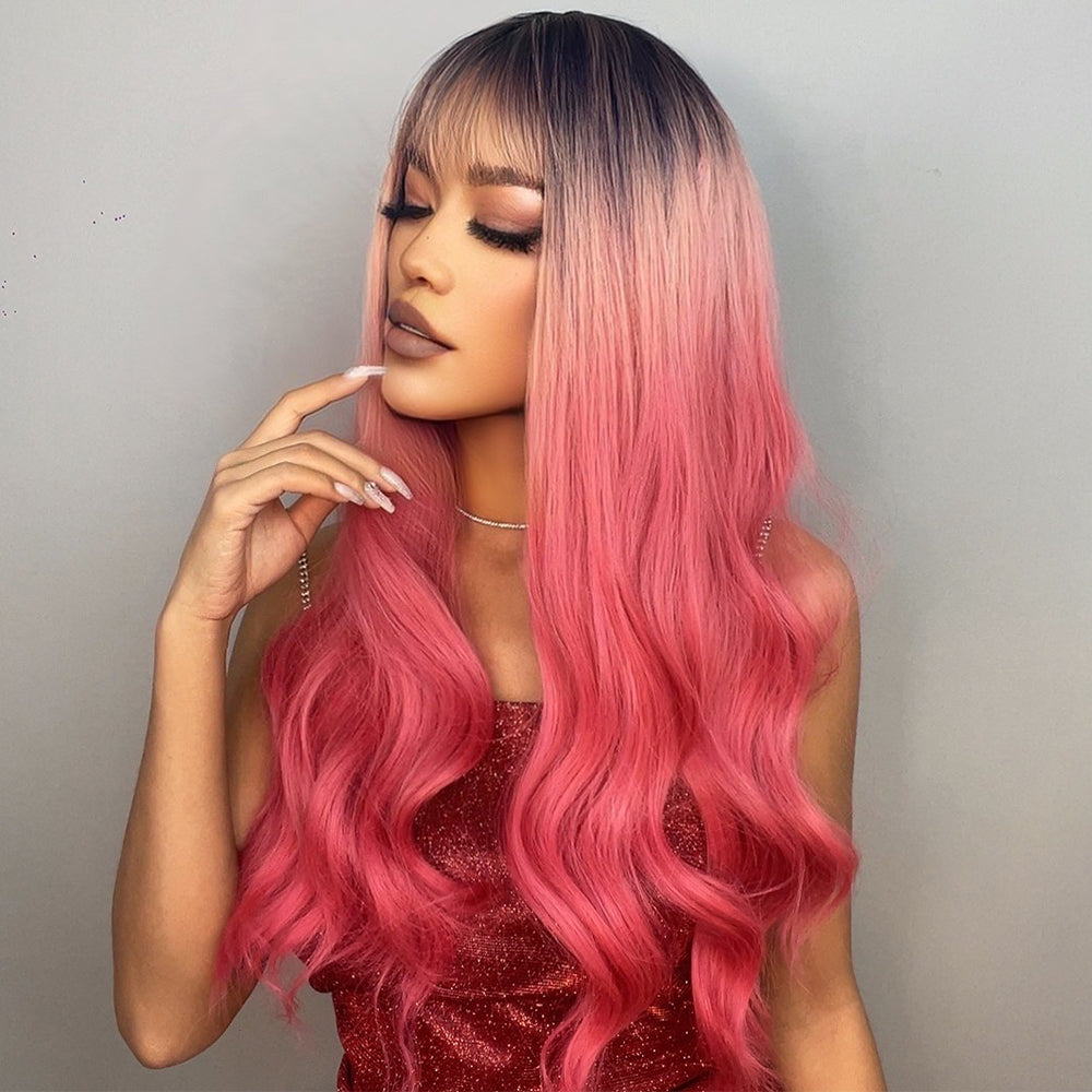 26 Inches Long Curly Deep Pink Wigs with Bangs and Black Roots Synthetic Wigs Women's Wigs for Daily or Cosplay Use LC6026-1