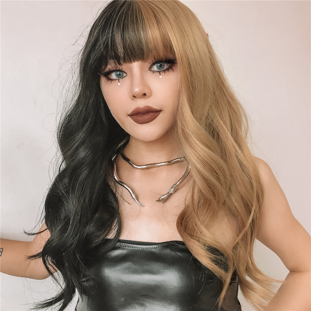 26 Inches Long Curly Black and Blonde Wigs with Bangs Synthetic Wigs Women's Wigs for Daily or Cosplay Use lc459-1