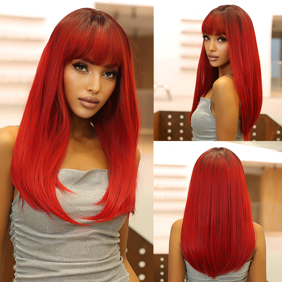 22 Inch red Long straight wigs with bangs wigs for Women for Daily WL1084-2