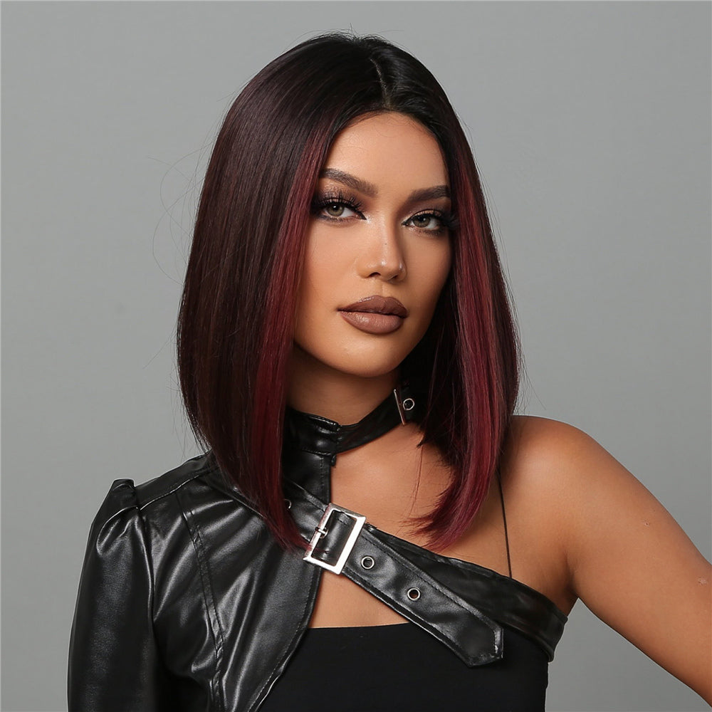 short straight bobo wigs black ombre red with bangs wigs for women for daily life LC2054-1