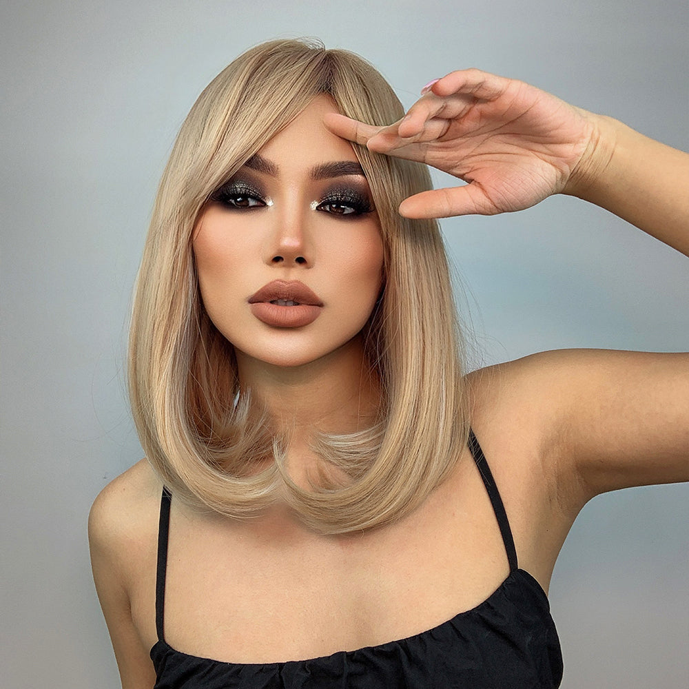 16 Inch long straight wigs blonde with bangs wigs for women daily or cosplay use LC046-1