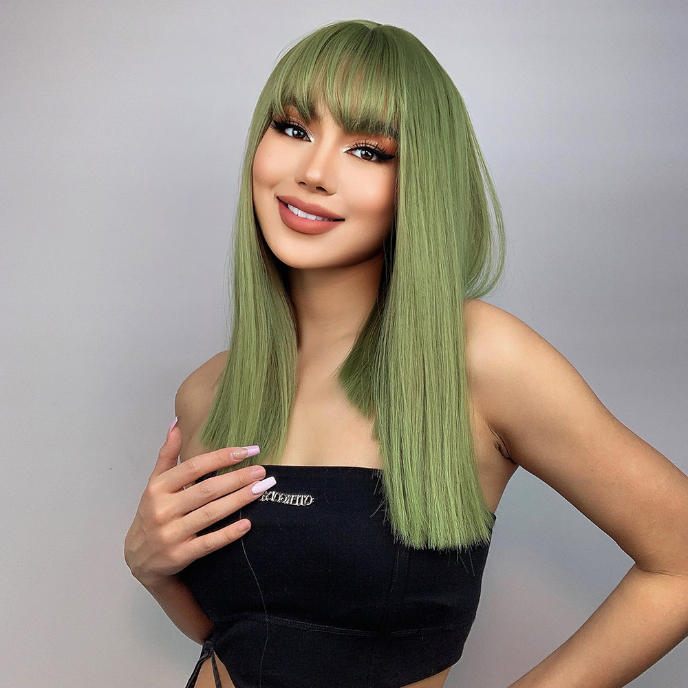 Long straight green wigs with bangs wigs for women for daily party LC6043-1