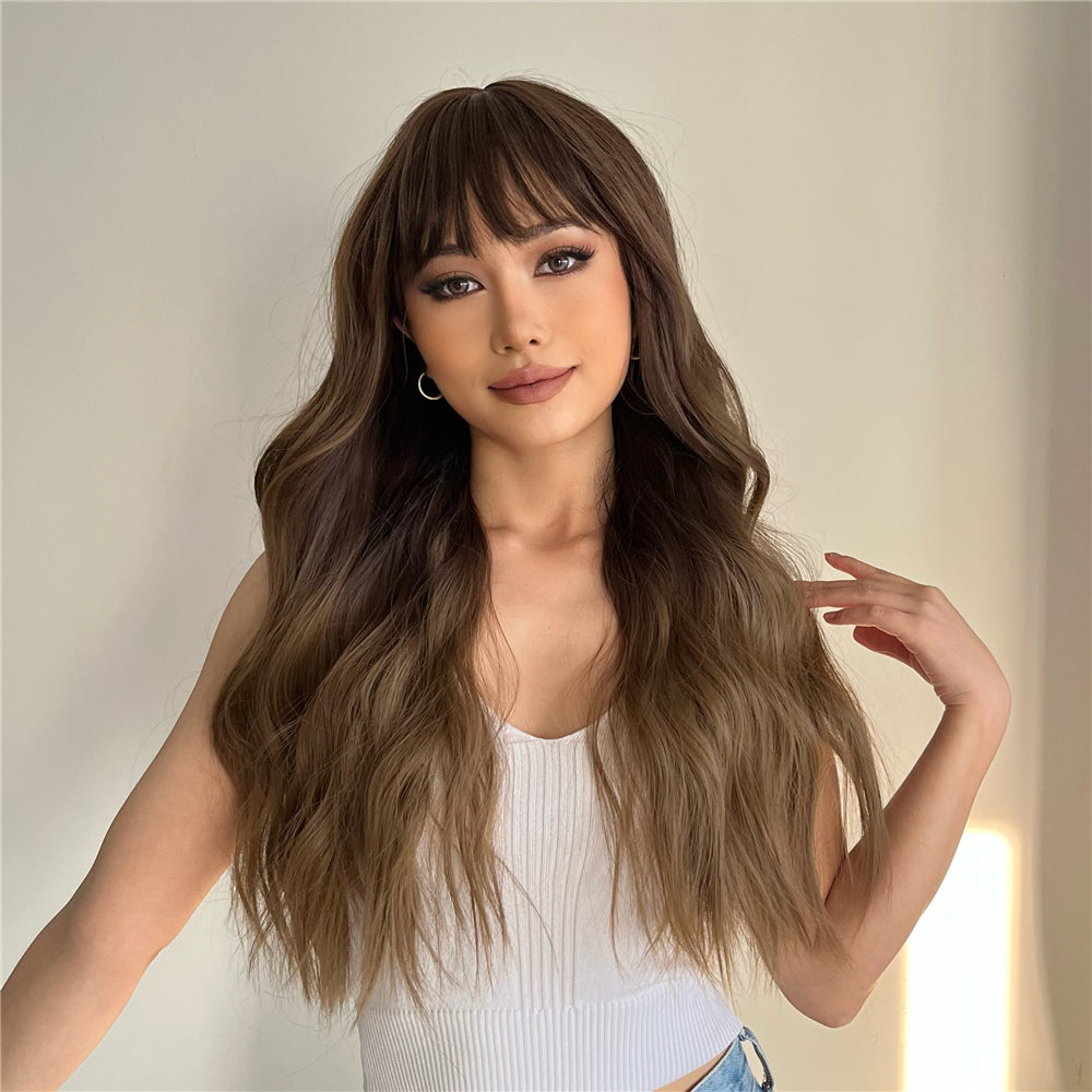 Long curly wigs brown with bangs wigs for women for daily life LC8001