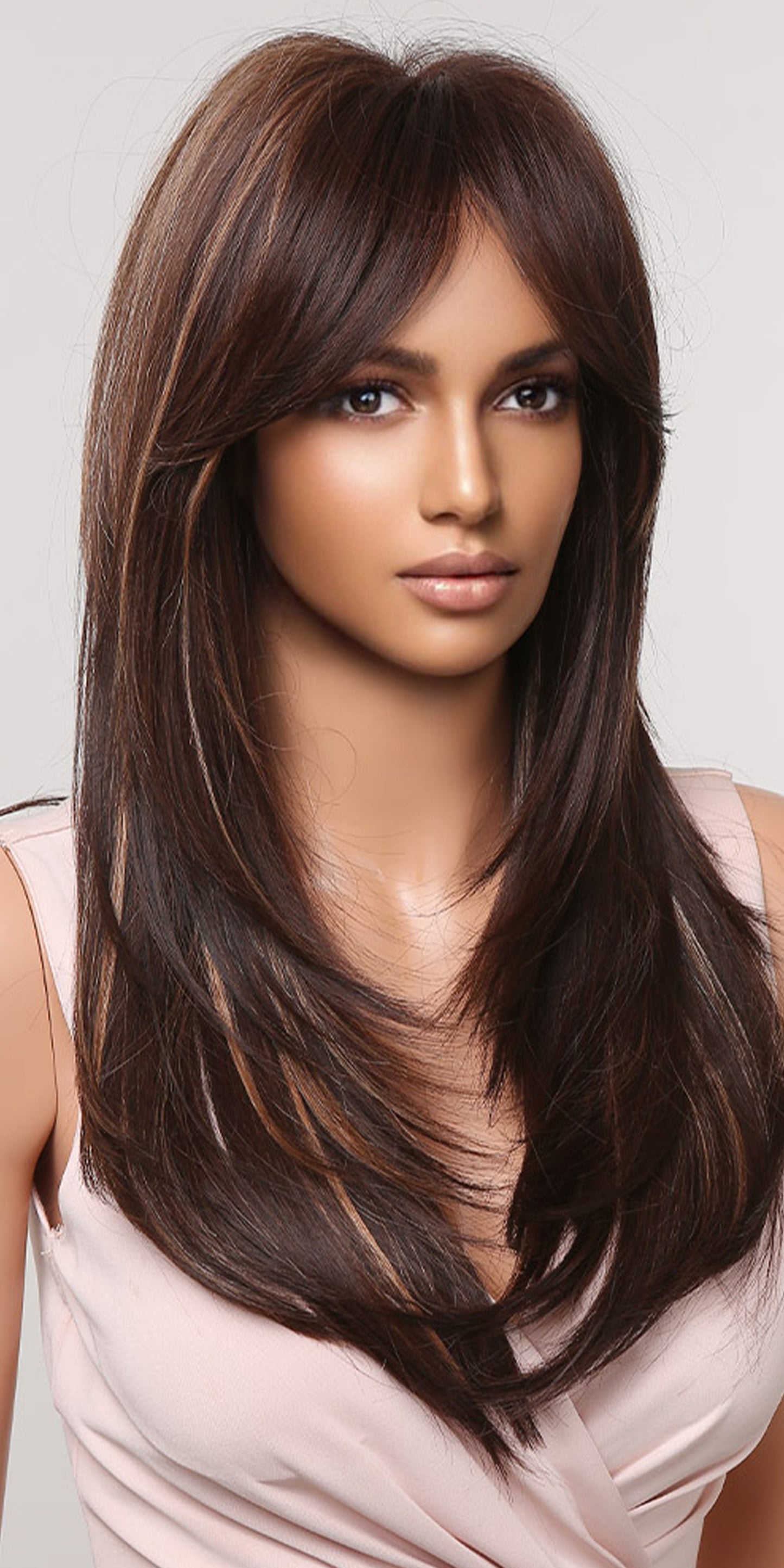 22 Inch-long deep brown straight wigs with bangs wigs for women LC2068-4