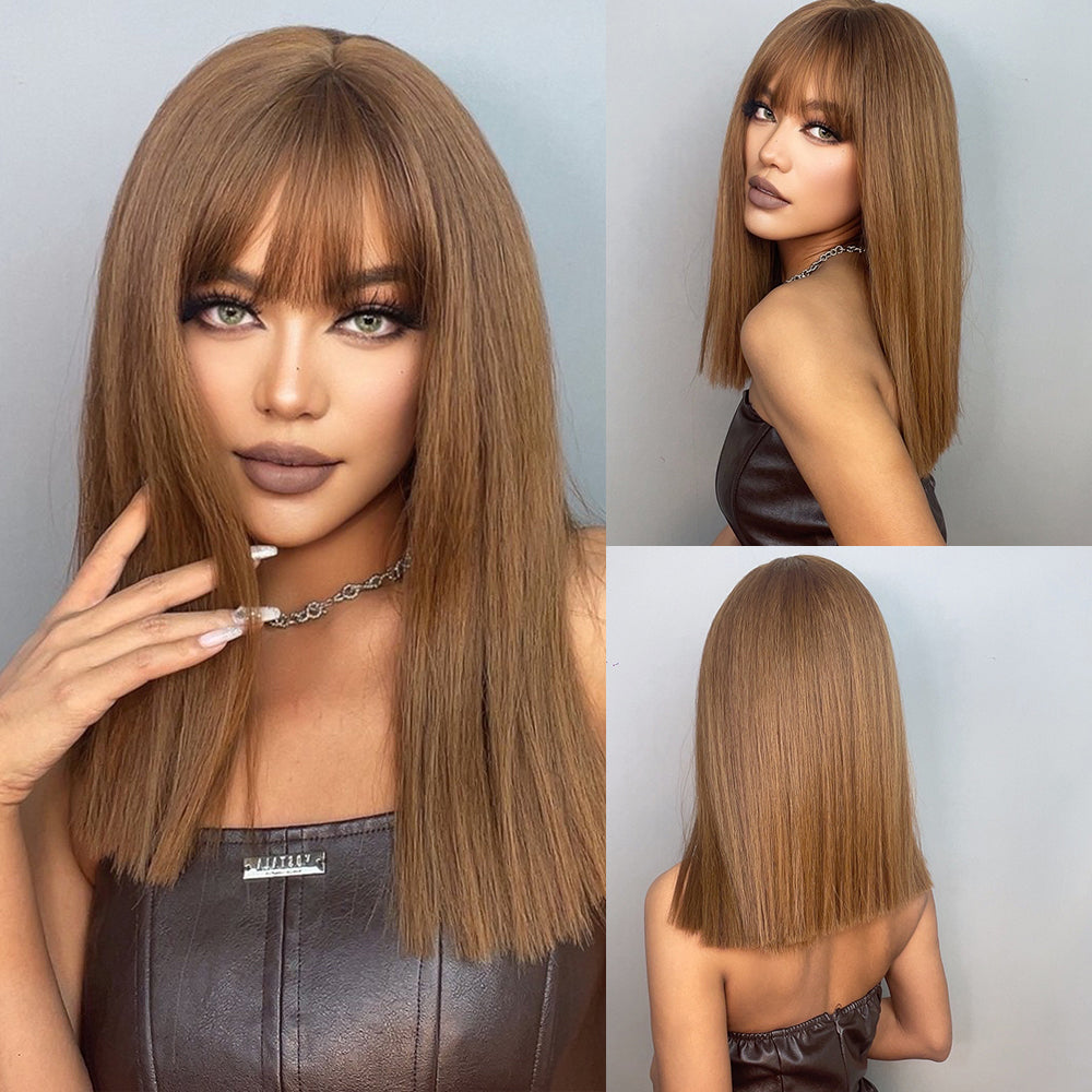 18 Inch Long Straight Blonde Brown Wigs with Bangs Wigs for Women LC6047-1