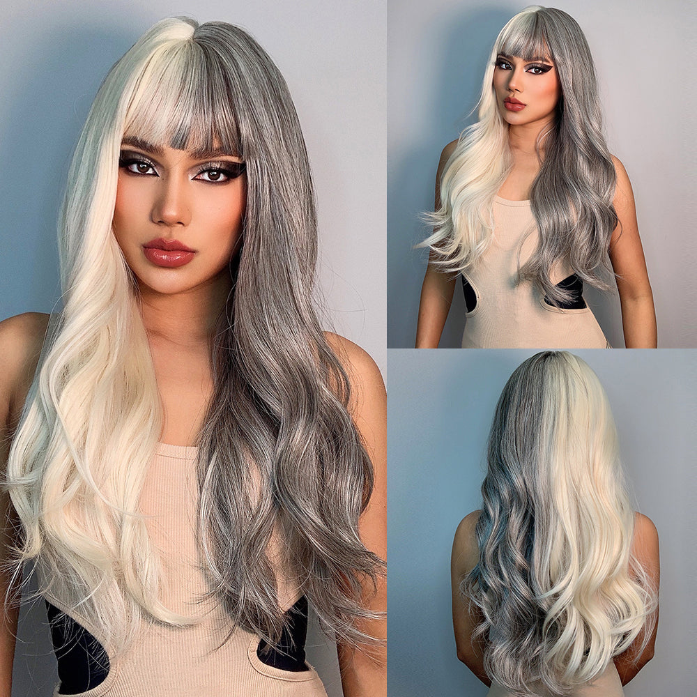 26 Inches Long Curly Gray and White Wigs with Bangs Synthetic Wigs Women's Wigs for Daily or Cosplay Use lc6081-1