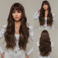 28 Inches Long Curly Brown Wigs wirh Bangs and Blonde Highlight Women's Wigs for Daily or Cosplay Use LC2074-4