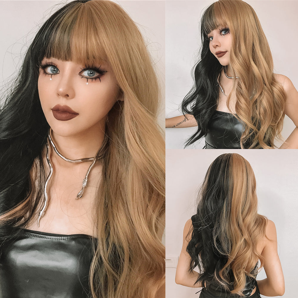 26 Inches Long Curly Black and Blonde Wigs with Bangs Synthetic Wigs Women's Wigs for Daily or Cosplay Use lc459-1