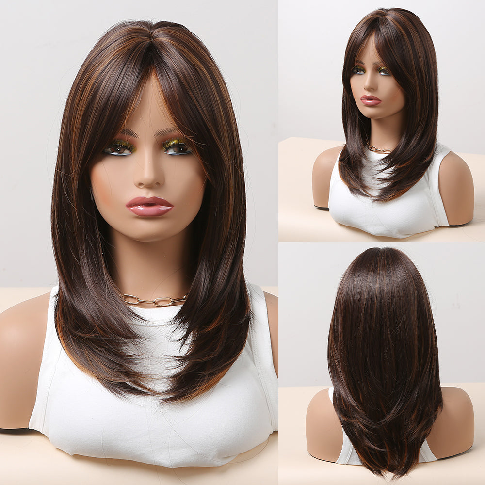 long Brown Wigs for Women, Synthetic Wig with Bangs Layered Hair with Highlight LC483-1