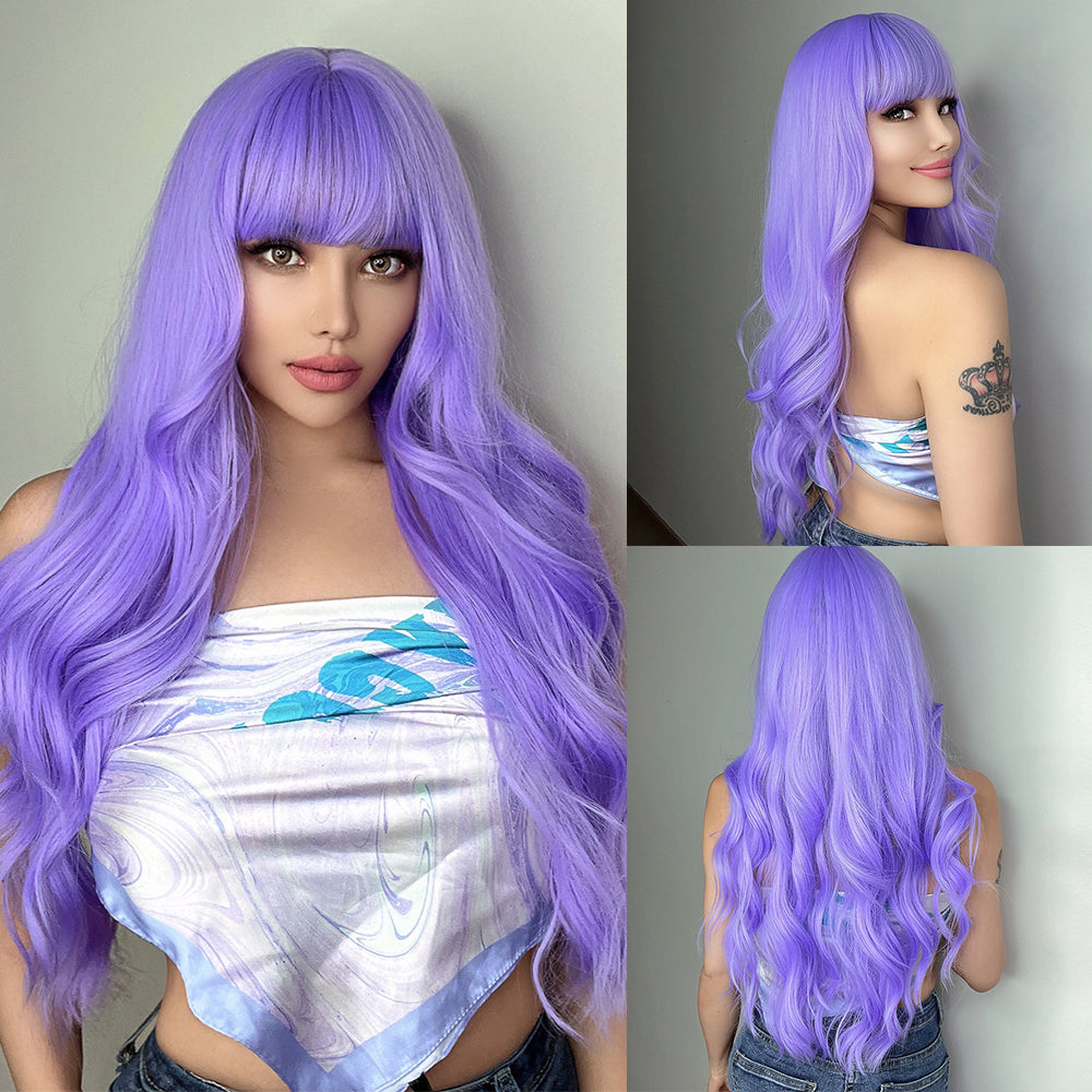 26 Inches Long Curly Purple Wigs with Bangs Synthetic Wigs Women's Wigs for Daily or Cosplay Use LC6123-1