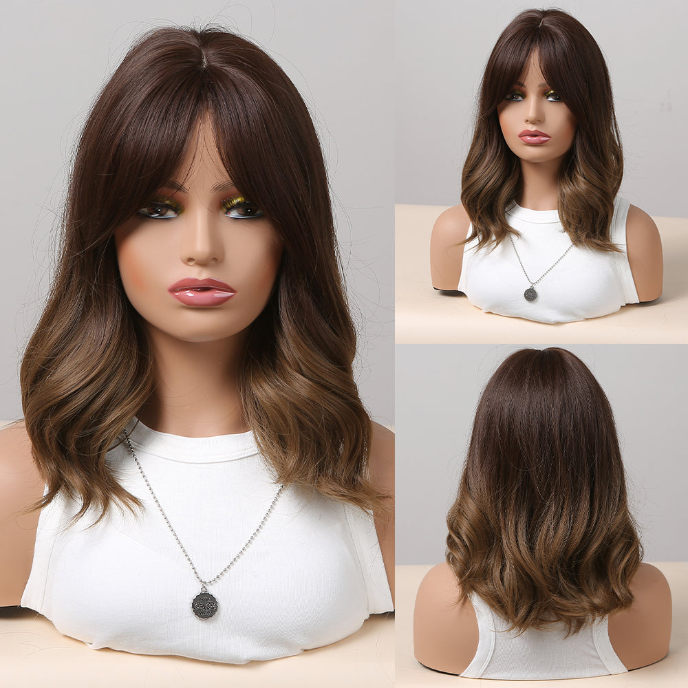 14 Inches Long Curly Brown Wigs with Bangs Women's Wigs for Daily,Party or Cosplay Use LC6901-1