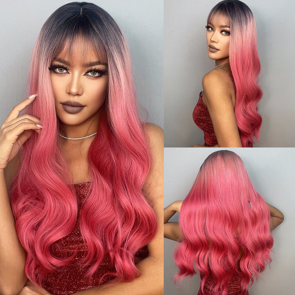 26 Inches Long Curly Deep Pink Wigs with Bangs and Black Roots Synthetic Wigs Women's Wigs for Daily or Cosplay Use LC6026-1